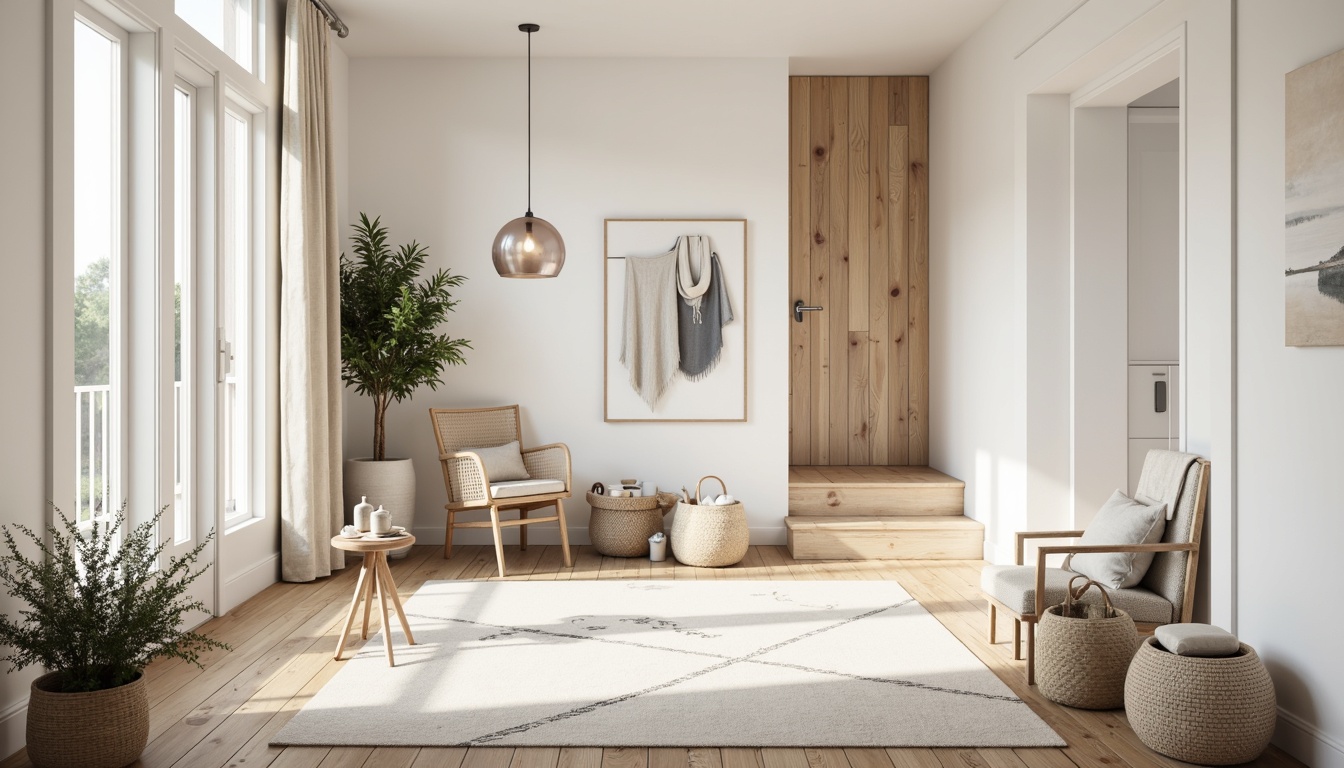 Prompt: Light-filled Scandinavian hall, minimalist decor, monochromatic color palette, soft whites, creamy beiges, warm grays, natural woods, Nordic-inspired textiles, woven baskets, geometric patterns, modern pendant lighting, sleek wooden floors, cozy area rugs, calm atmosphere, soft diffused light, shallow depth of field, 1/1 composition, realistic textures, ambient occlusion.