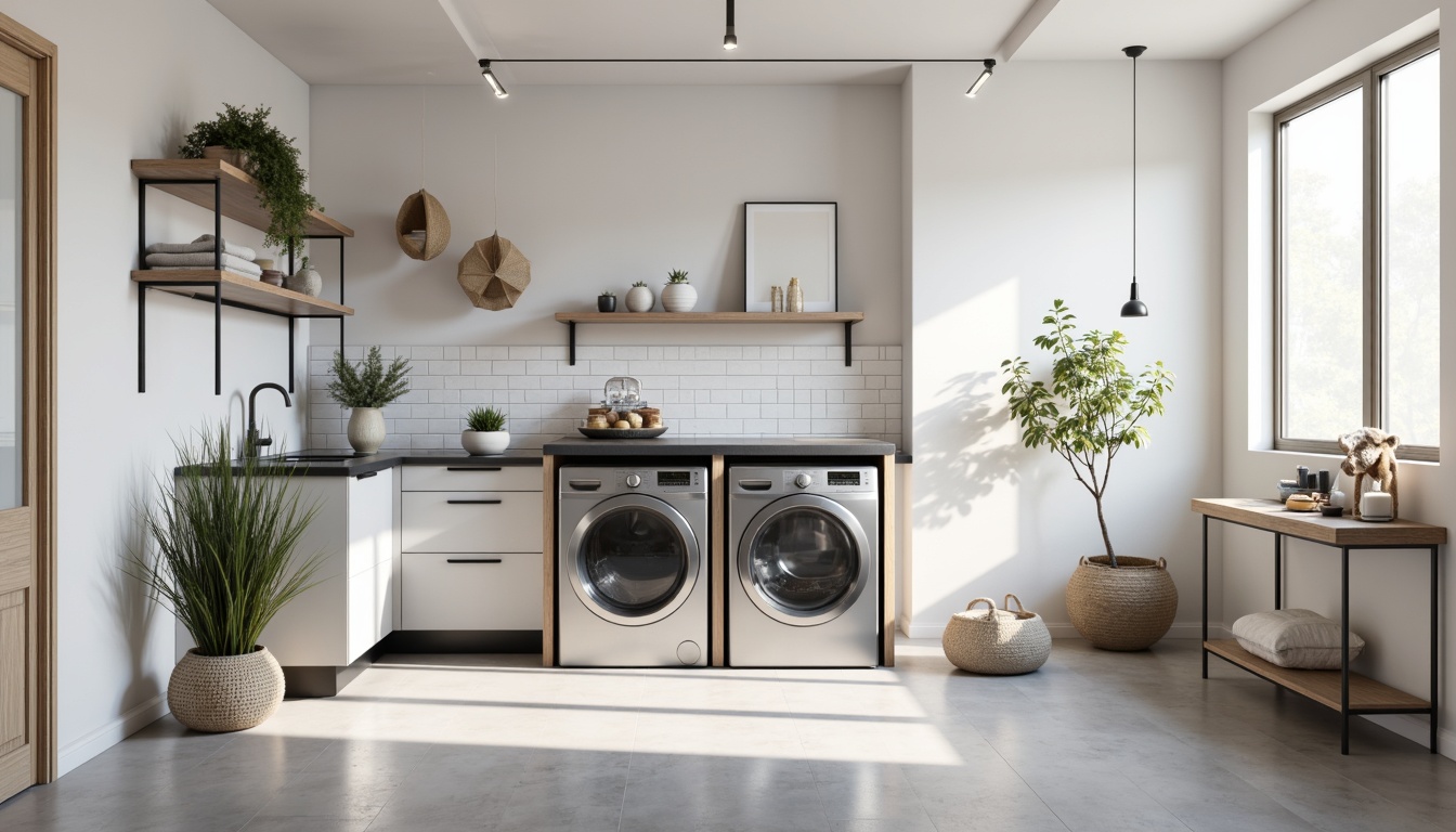 Prompt: Minimalist laundry room, white ceramic tiles, light gray concrete floors, sleek metal appliances, handleless cabinets, matte black countertops, industrial-style lighting fixtures, functional storage shelves, soft pastel colors, natural textiles, subtle patterns, calm ambiance, warm task lighting, shallow depth of field, 3/4 composition, realistic textures, ambient occlusion.