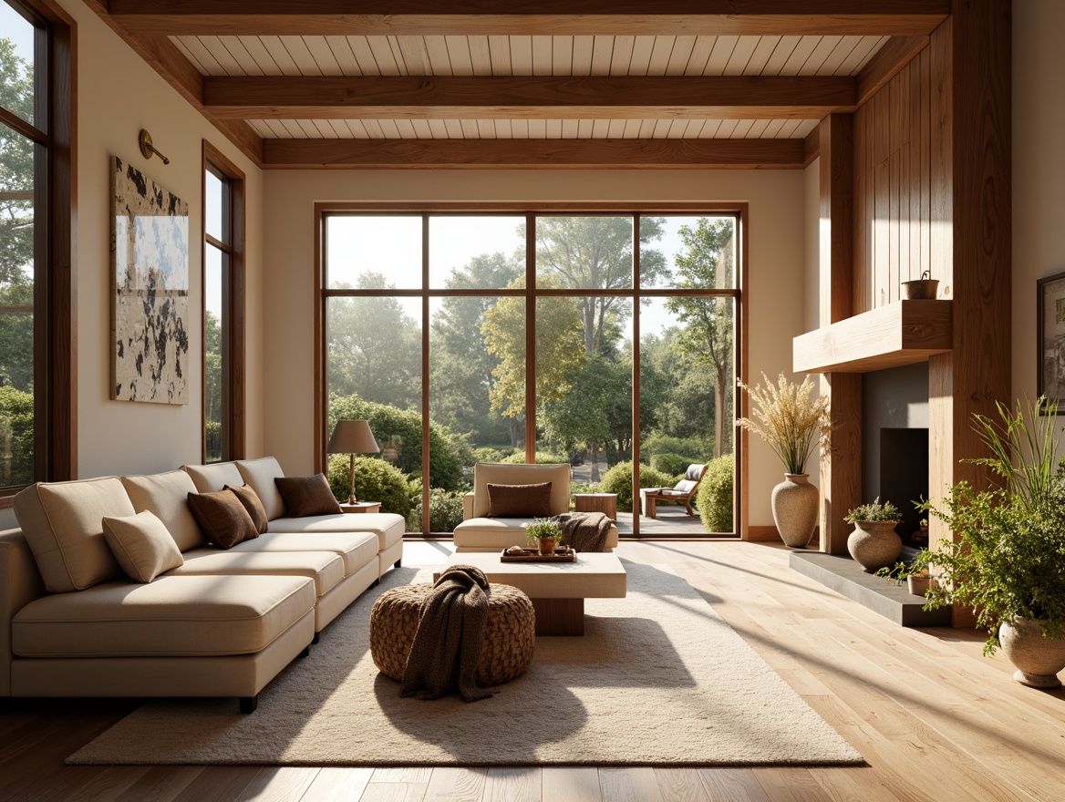 Prompt: Elegant living room, warm beige walls, rich walnut wood accents, plush cream-colored sofas, velvety soft throw blankets, rustic bronze lighting fixtures, natural stone fireplace, floor-to-ceiling windows, breathtaking garden views, warm golden sunlight, soft diffused shadows, 1/1 composition, realistic textures, ambient occlusion.