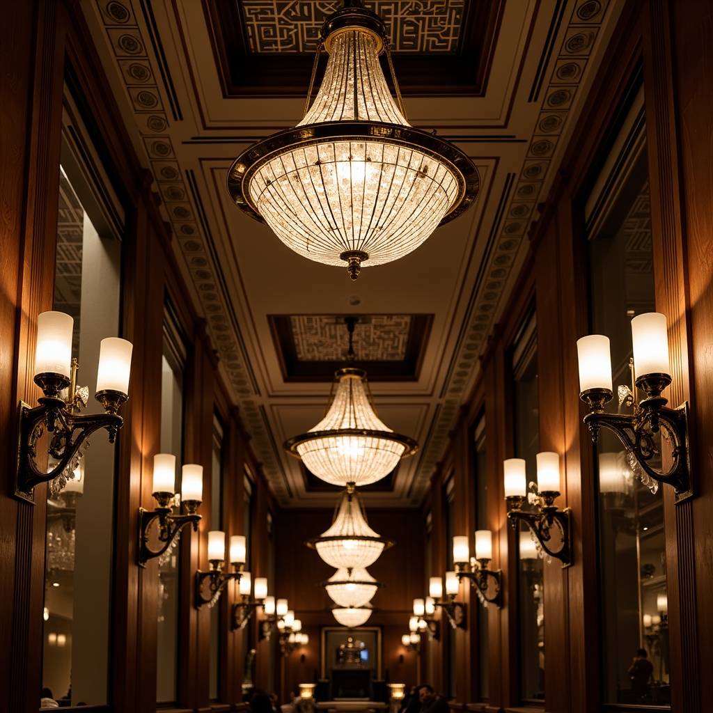 Prompt: Opulent Art Deco interior, luxurious chandeliers, sconces with geometric patterns, metallic finishes, crystal droplets, ornate fixtures, fluted shades, chrome accents, stepped silhouette, symmetrical composition, soft warm glow, dramatic shadows, high contrast lighting, 1/1 aspect ratio, central focal point, realistic reflections, ambient occlusion.