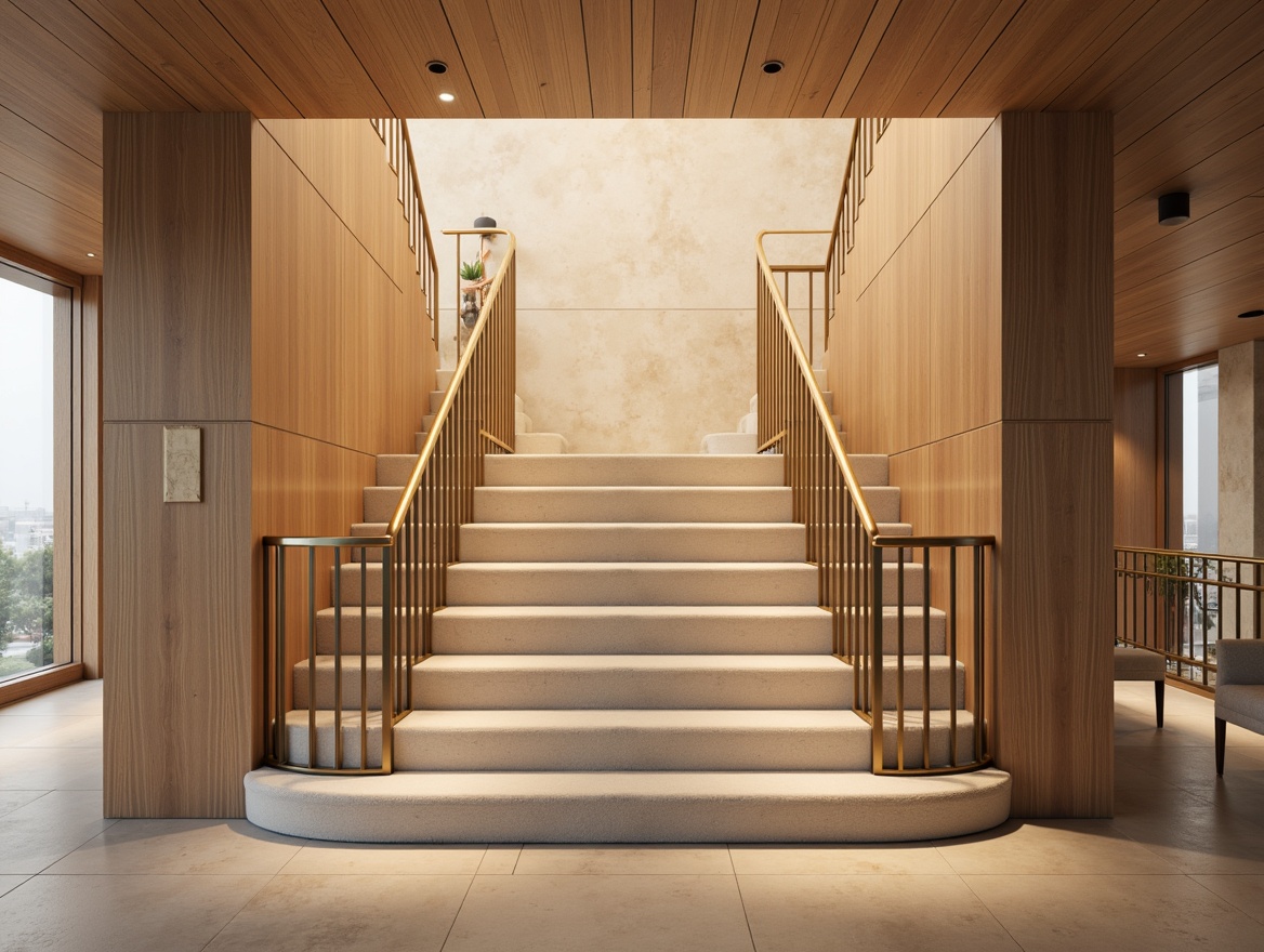 Prompt: Elegant staircase design, rich wood tones, warm beige walls, soft cream banisters, polished bronze railings, luxurious velvet carpeting, subtle gradient effects, harmonious color transitions, sophisticated modern aesthetic, airy open space, natural light pouring in, shallow depth of field, 1/1 composition, realistic textures, ambient occlusion.