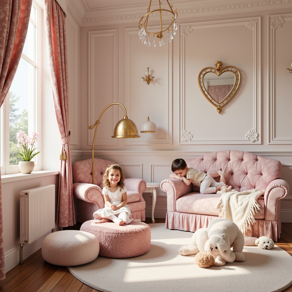 Prompt: Whimsical kids' room, Rococo style furniture, soft pastel hues, pale pink walls, creamy white accents, gold ornate details, delicate floral patterns, velvet fabrics, tufted upholstery, playful pompoms, gentle warm lighting, shallow depth of field, 1/1 composition, intimate atmosphere, luxurious textures, subtle shadows.