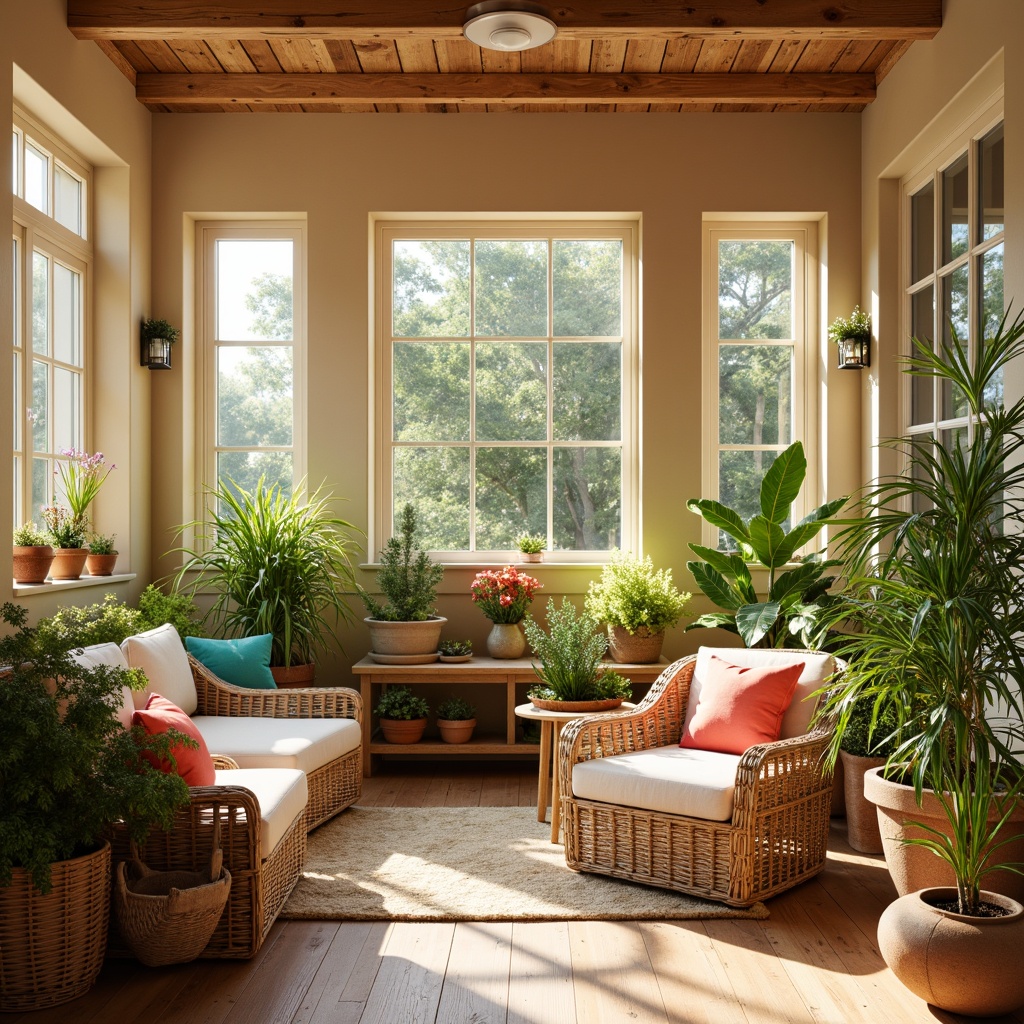 Prompt: Vibrant sunroom, warm beige walls, creamy white trim, rich wood accents, lush greenery, natural textiles, woven wicker furniture, rattan details, soft golden lighting, subtle gradient effects, earthy terracotta pots, bright coral hues, calming turquoise accents, serene atmosphere, peaceful ambiance, abundant natural light, 1/1 composition, shallow depth of field, warm color temperature, harmonious color harmony.