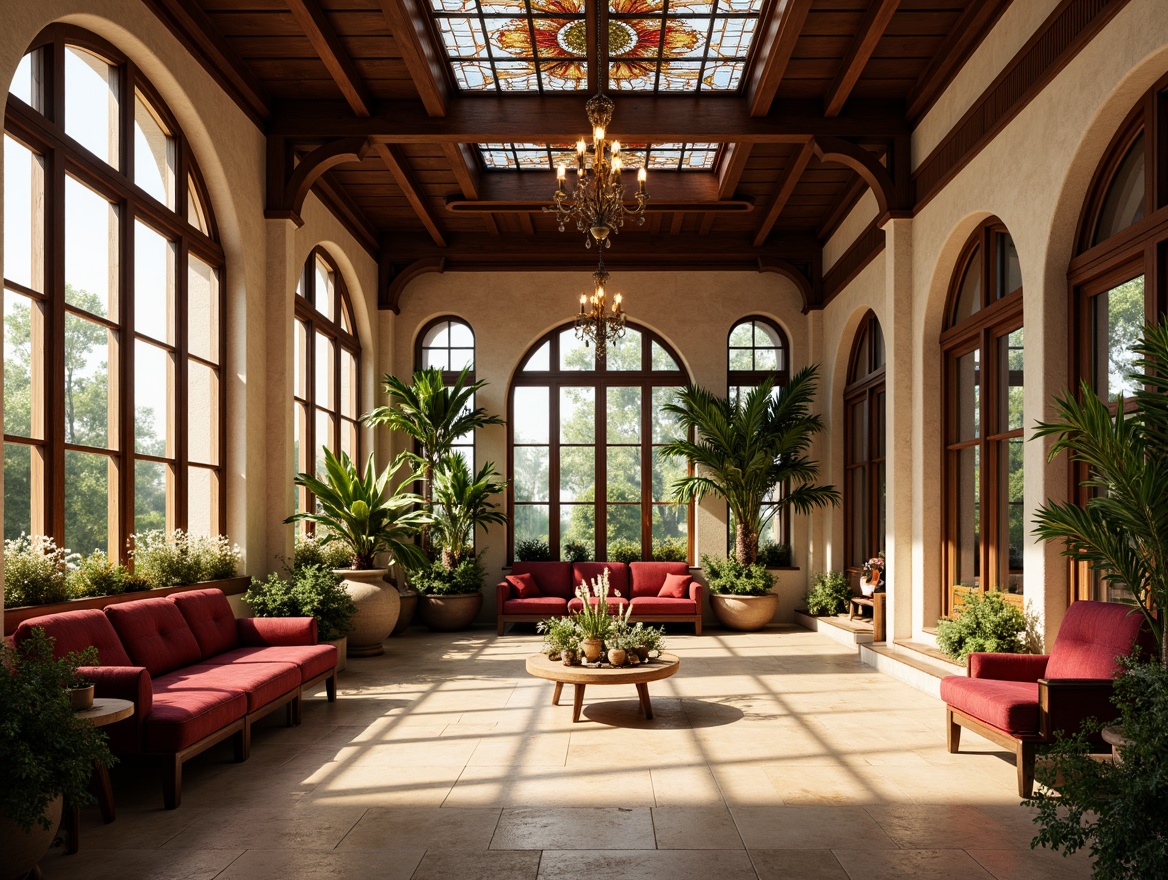 Prompt: Renaissance-style sunroom, ornate stone walls, arched windows, stained glass ceilings, rich wood accents, plush velvet furnishings, warm earthy tones, natural light pouring in, soft diffused illumination, gentle shadows, elegant chandeliers, intricate moldings, vintage decorative elements, lavish floral arrangements, lush greenery, exotic potted plants, warm beige stone floors, rustic wooden beams, romantic ambiance, warm afternoon sunlight, shallow depth of field, 1/1 composition, realistic textures, ambient occlusion.