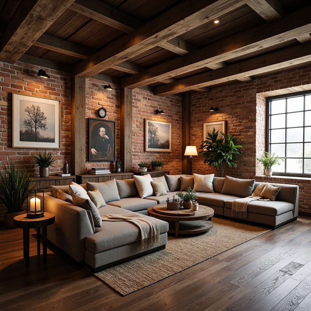 Prompt: Rustic market vernacular style, distressed wooden planks, reclaimed barn wood flooring, exposed brick walls, industrial metal beams, vintage decorative lighting, earthy color palette, natural stone accents, woven jute rugs, cozy throw blankets, plush sectional sofas, eclectic decorative accessories, warm candlelight, shallow depth of field, 1/1 composition, realistic textures, ambient occlusion.