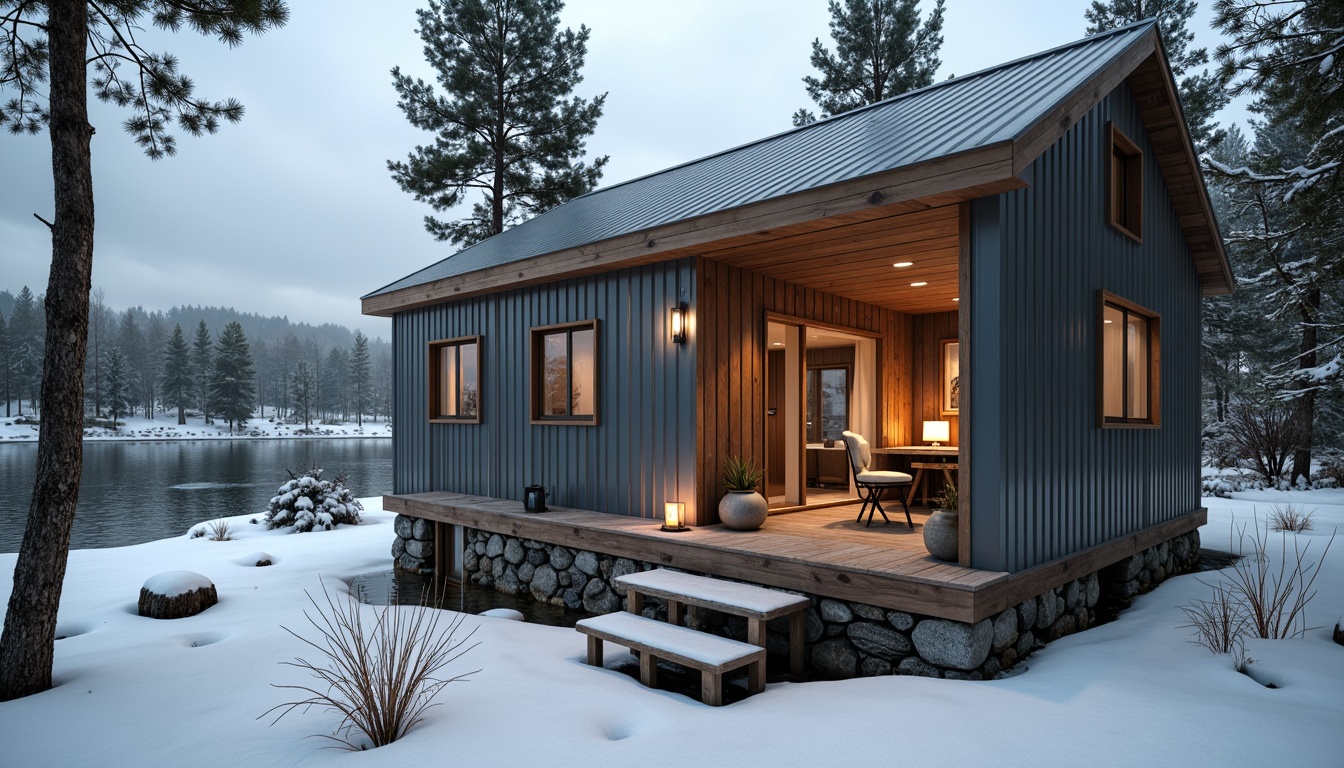 Prompt: Rustic Nordic cabin, corrugated metal exterior, wooden accents, natural stone foundation, minimalist decor, monochromatic color scheme, warm candlelight, cozy atmosphere, snow-covered trees, frozen lake background, overcast sky, soft diffused lighting, shallow depth of field, 2/3 composition, realistic reflections, subtle ambient occlusion.