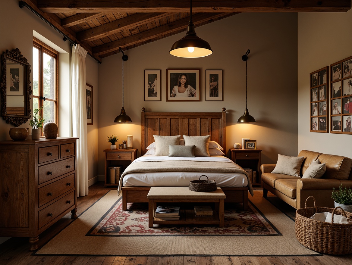 Prompt: Warm Craftsman bedroom, wooden furniture, earthy tones, cozy atmosphere, bronze lighting fixtures, pendant lamps, rustic metal shades, vintage-inspired sconces, warm Edison bulbs, natural linen fabrics, woven baskets, distressed wood accents, rich leather upholstery, soft area rugs, traditional architectural details, ornate ceiling fixtures, warm golden lighting, shallow depth of field, 1/1 composition, realistic textures.