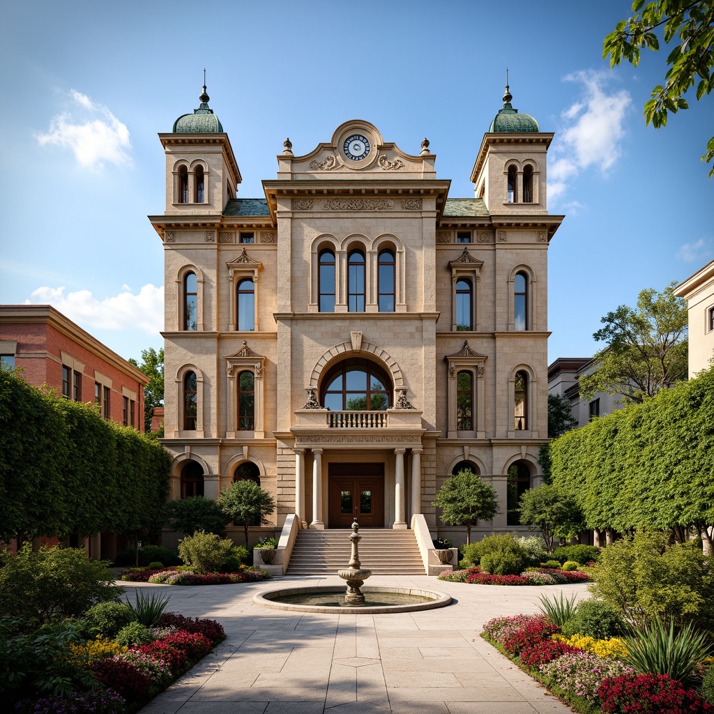 Prompt: Grand courthouse building, eclectic style, ornate facades, intricate stonework, rusticated bases, ionic columns, carved wooden doors, stained glass windows, decorative cornices, ornamental brackets, majestic clock towers, weathered copper roofs, verdant ivy walls, natural stone steps, elegant fountains, vibrant flowerbeds, sunny afternoon, soft warm lighting, shallow depth of field, 3/4 composition, panoramic view, realistic textures, ambient occlusion.