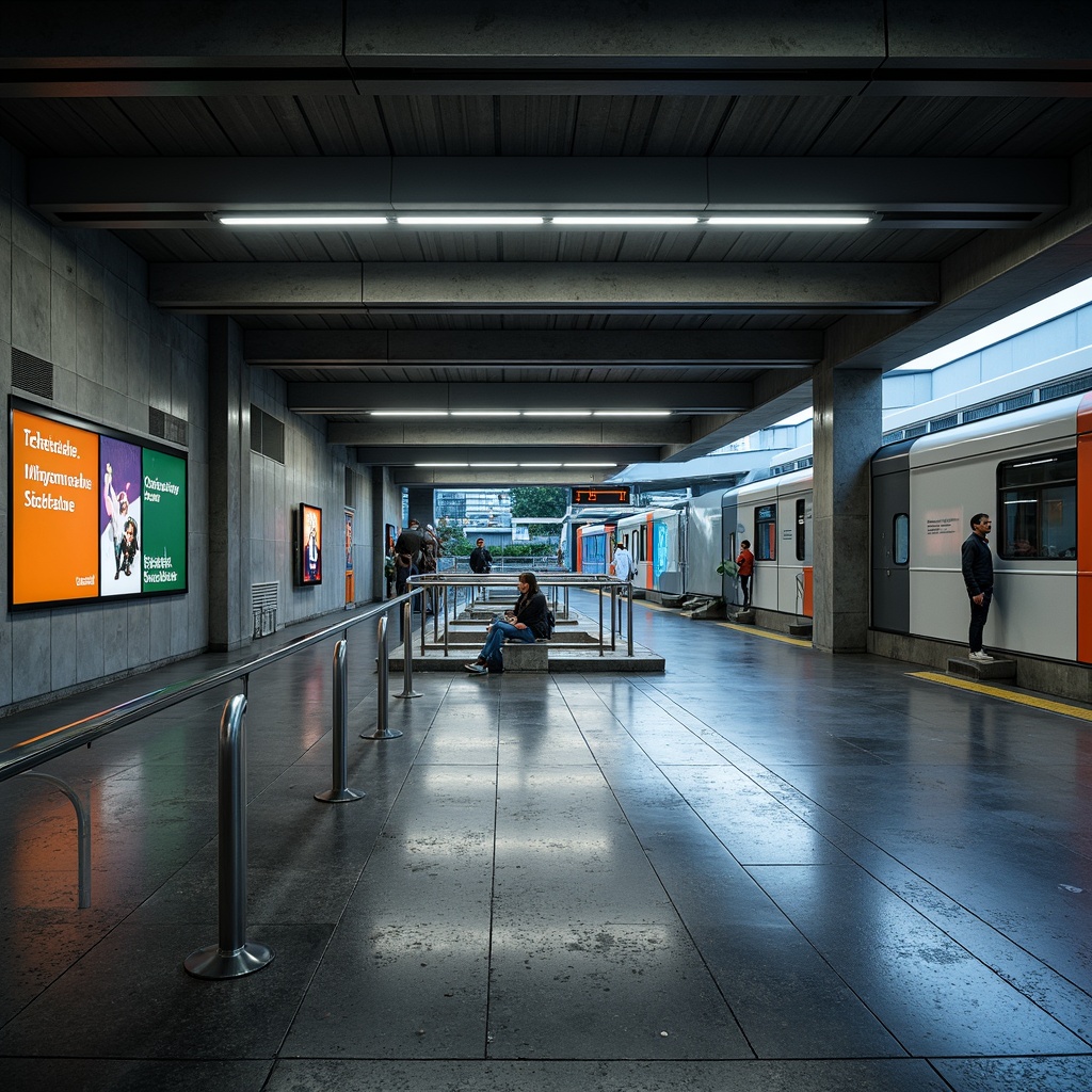 Prompt: Modern metro station, sleek concrete walls, polished steel beams, glossy ceramic tiles, rough stone flooring, LED light strips, futuristic signage, stainless steel handrails, durable industrial materials, vibrant colored glass partitions, atmospheric lighting effects, shallow depth of field, 2/3 composition, realistic reflections, ambient occlusion.