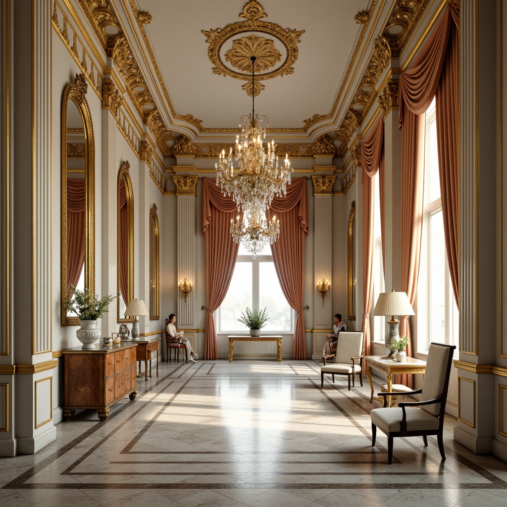 Prompt: Opulent palace interior, grandiose chandeliers, intricate carvings, gilded moldings, soft pastel hues, lavish fabrics, delicate porcelain vases, ornate mirrors, curved lines, asymmetrical compositions, warm golden lighting, shallow depth of field, 2/3 composition, realistic textures, ambient occlusion.