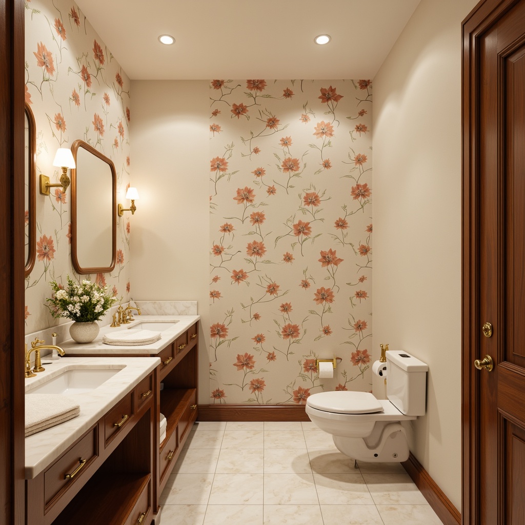 Prompt: Elegant powder room, soft warm lighting, calming ambiance, luxurious marble countertops, ornate gold fixtures, delicate flower patterns, creamy white walls, rich wood cabinetry, subtle texture contrasts, intimate space, cozy atmosphere, warm beige tones, gentle pastel hues, soft peach accents, elegant chrome hardware, sophisticated interior design, refined decorative elements.