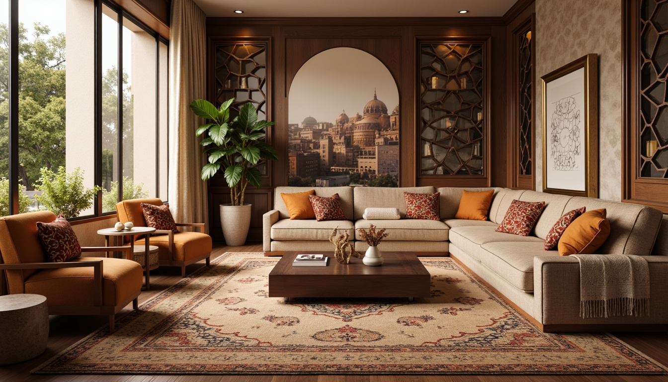 Prompt: Cozy living room, plush velvet sofas, soft cushioned armchairs, warm beige carpets, textured throw blankets, vibrant colorful pillows, intricate geometric patterns, Arabic-inspired motifs, elegant drapery, floor-to-ceiling windows, natural daylight, soft warm lighting, 1/1 composition, realistic textures, ambient occlusion.