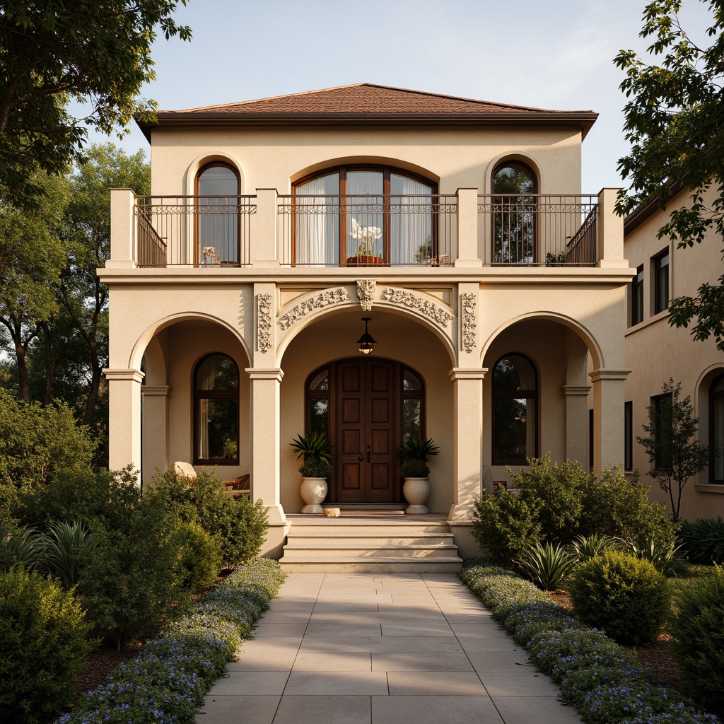 Prompt: Elegant villa, ornate facade, grand entrance, arched transom windows, symmetrical composition, soft golden lighting, warm beige stone walls, intricate carvings, ornamental railings, lush greenery, blooming flowers, serene atmosphere, shallow depth of field, 1/1 composition, realistic textures, ambient occlusion.