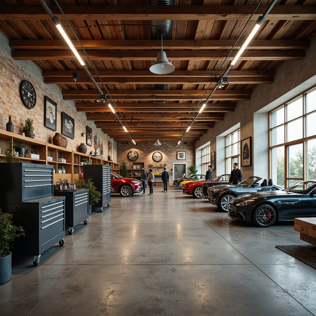 Prompt: Industrial garage interior, rustic wooden accents, metal toolboxes, sleek modern machinery, concrete flooring, exposed brick walls, vintage car displays, warm beige tones, deep blue hues, rich wood stains, metallic silver accents, soft warm lighting, shallow depth of field, 1/1 composition, realistic textures, ambient occlusion.