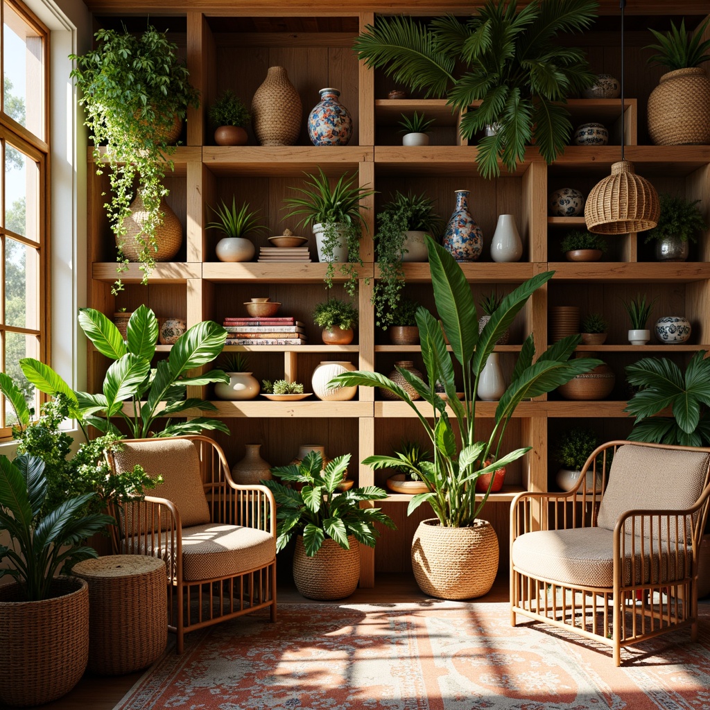 Prompt: Vibrant storage room, tropical plants, woven rattan baskets, natural wood shelves, colorful ceramic vases, woven textiles, exotic patterns, warm lighting, earthy tones, woven fibers, organic shapes, minimal ornamentation, functional decor, open shelving, wicker furniture, woven lanterns, lush greenery, soft breeze, serene ambiance, 1/1 composition, soft focus, natural textures, ambient occlusion.