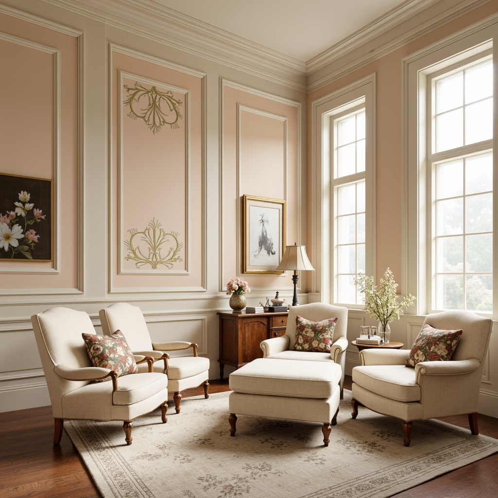 Prompt: Soft cream walls, gentle peach accents, warm beige furniture, subtle gold leaf details, delicate floral patterns, elegant crown molding, classic white wainscoting, rich walnut wood tones, serene natural light, creamy pastel hues, ornate furniture legs, sophisticated velvet fabrics, understated luxury atmosphere, 1/1 composition, soft focus blur, warm neutral color scheme.