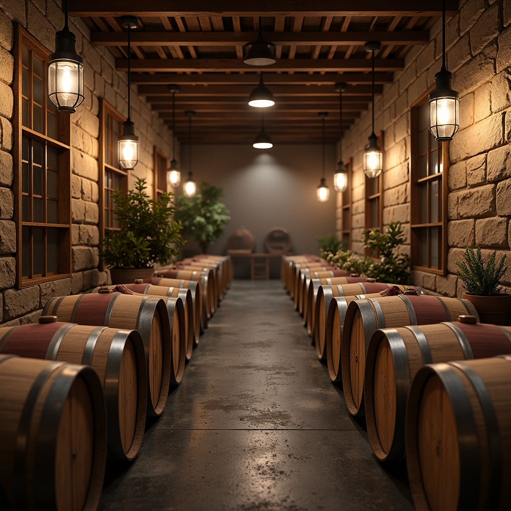 Prompt: Rustic winery, eclectic style, vintage wooden barrels, dimmable pendant lights, metal lanterns, distressed finishes, Edison bulb fixtures, industrial-chic decor, reclaimed wood accents, stone walls, earthy tones, warm ambient lighting, softbox lighting, 1/2 composition, shallow depth of field, realistic textures, atmospheric fog effects.