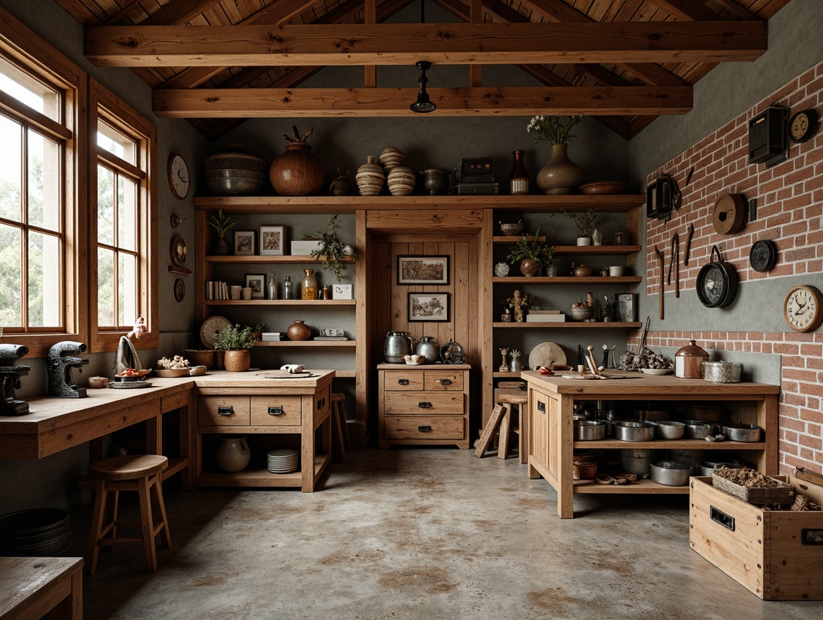 Prompt: Rustic family garage, wooden workbenches, distressed finishes, metal vices, wooden toolboxes, rusty metal decorations, vintage tool collections, earthy color palette, natural stone flooring, exposed brick walls, warm lighting, shallow depth of field, 1/2 composition, realistic textures, ambient occlusion.