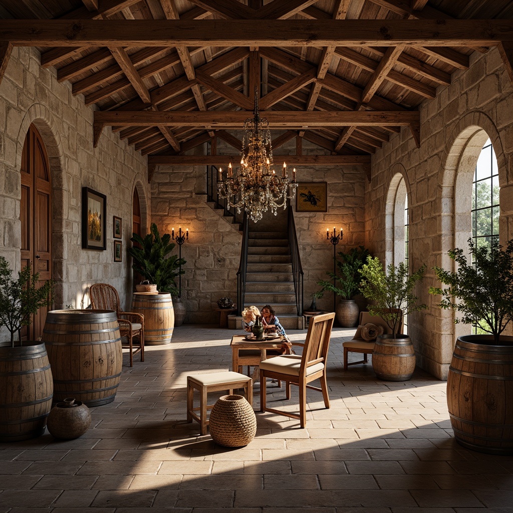 Prompt: Rustic winery, stone walls, wooden barrels, aged brick arches, ornate ironwork, lavish chandeliers, rich wood accents, refined furnishings, opulent textiles, subtle wine stains, earthy tones, vintage wine-making equipment, grand staircase, high ceilings, expansive windows, soft warm lighting, 1/1 composition, intimate atmosphere, realistic textures, ambient occlusion.