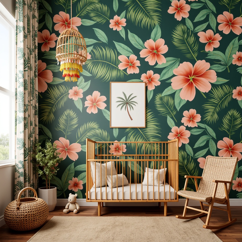 Prompt: Vibrant baby nursery, exotic floral wallpaper, woven bamboo crib, rattan rocking chair, palm tree-inspired mobile, colorful tassel garland, natural fiber rug, woven seagrass storage baskets, distressed wood furniture, tropical leaf-patterned curtains, soft warm lighting, shallow depth of field, 1/2 composition, realistic textures, ambient occlusion.