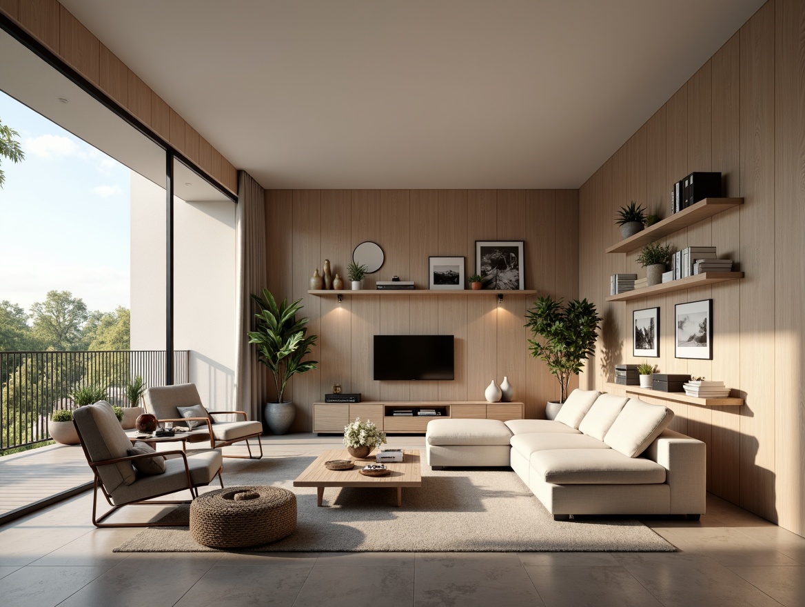 Prompt: Compact living room, minimalist decor, optimized furniture arrangement, space-saving solutions, multi-functional pieces, sleek low-profile sofas, wall-mounted shelves, hidden storage compartments, sliding glass doors, natural light pouring in, airy atmosphere, 1/1 composition, soft warm lighting, shallow depth of field, realistic textures, ambient occlusion.