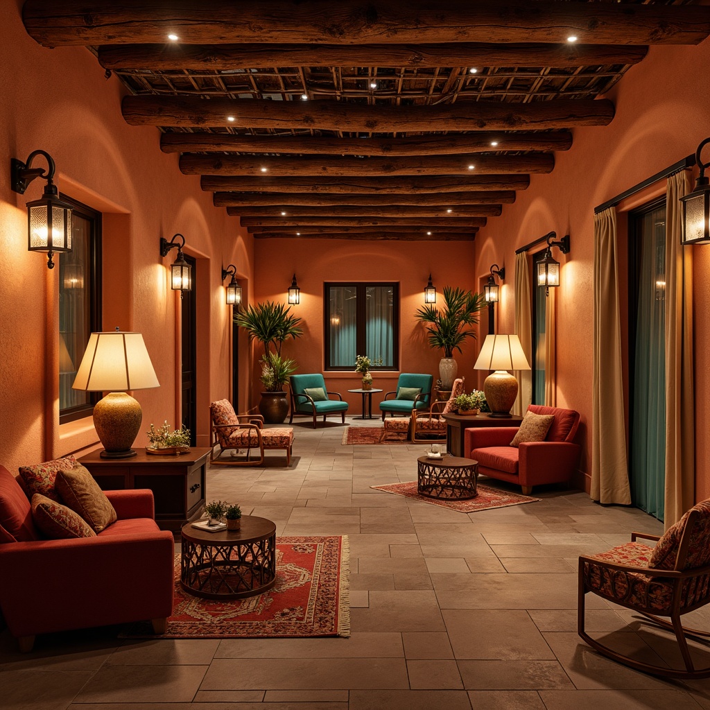 Prompt: Warm terracotta walls, rustic wooden accents, vibrant turquoise decor, soft warm lighting, table lamps, floor lamps, ambient glow, dramatic spotlighting, starry night sky projections, adobe-inspired architecture, curved lines, natural stone floors, earthy tones, cozy seating areas, plush red velvet chairs, ornate metalwork, intricate geometric patterns, warm beige curtains, subtle aroma of pi\u00f1on wood, intimate atmosphere, 1/2 composition, cinematic lighting, realistic shadows, warm color palette.