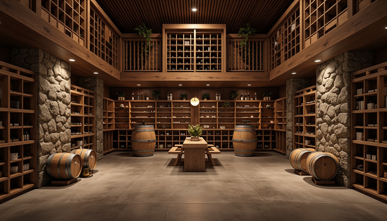 Prompt: Luxurious wine cellar, rich wood tones, dim warm lighting, stone walls, rustic wooden crates, vintage wine barrels, sophisticated ambiance, polished concrete floors, high-gloss epoxy coatings, dark hardwood planks, premium porcelain tiles, natural stone slabs, ambient temperature control, humidity regulation systems, recessed lighting, 3/4 composition, shallow depth of field, panoramic view, realistic textures, ambient occlusion.