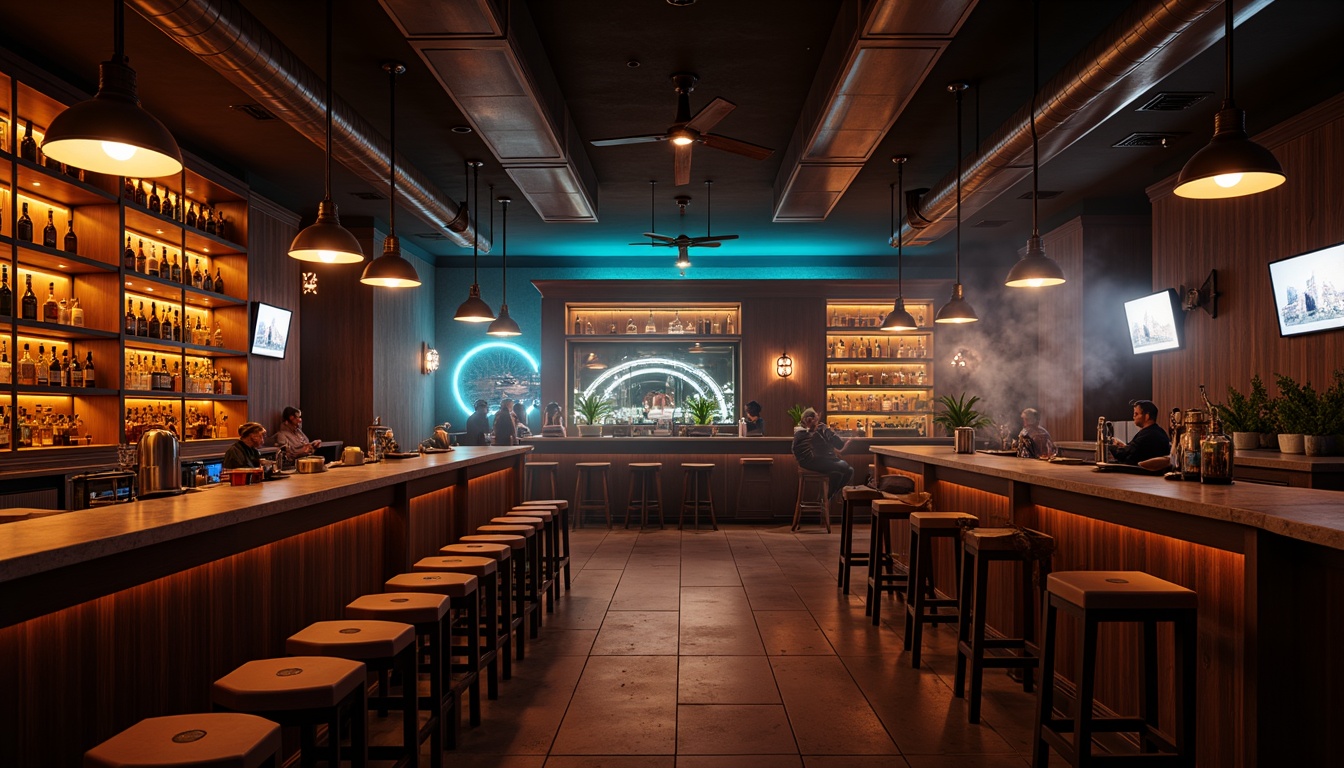 Prompt: Moody bar interior, warm ambiance, dimmable LED lighting, pendant lamps, metal fixtures, rich wood accents, sleek countertops, minimalist decor, cozy nooks, plush stools, vibrant color scheme, subtle texture contrasts, atmospheric smoke effects, soft focus, 1/1 composition, cinematic lighting, realistic reflections, ambient occlusion.