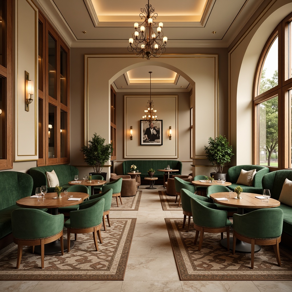 Prompt: Elegant dining hall, warm beige walls, rich walnut wood furniture, soft cream accents, velvety emerald green upholstery, subtle gold metallic trim, refined crystal chandeliers, plush area rugs, natural stone flooring, calming ambient lighting, shallow depth of field, 2/3 composition, realistic textures, ambient occlusion.