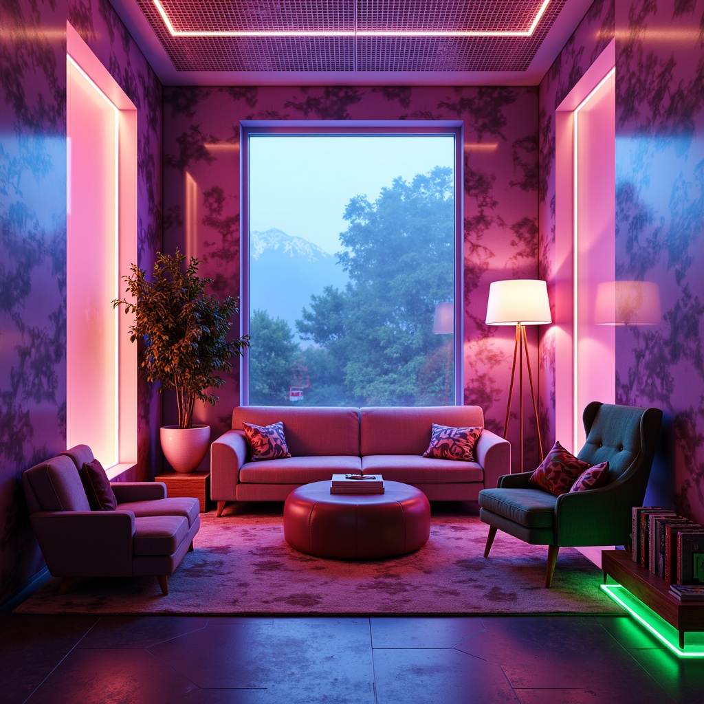 Prompt: Neon-lit futuristic nook, iridescent color scheme, pastel hues, metallic accents, luminescent walls, glow-in-the-dark details, holographic patterns, retro-futuristic vibes, cozy reading nook, plush velvet furniture, neon pink and green accents, dark wood shelves, minimalist decor, ambient LED lighting, soft futuristic soundscapes, 3/4 composition, shallow depth of field, panoramic view.