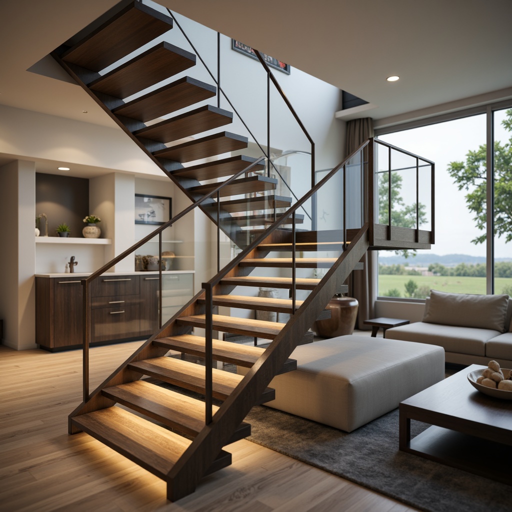 Prompt: Modern staircase, sleek handrails, minimalist aesthetic, stainless steel tubing, glass balustrades, LED lighting accents, wooden treads, industrial chic atmosphere, open-plan living space, floating stairs, cantilevered design, geometric patterns, metallic finishes, polished chrome details, subtle texture contrasts, warm ambient glow, shallow depth of field, 1/1 composition, realistic reflections.