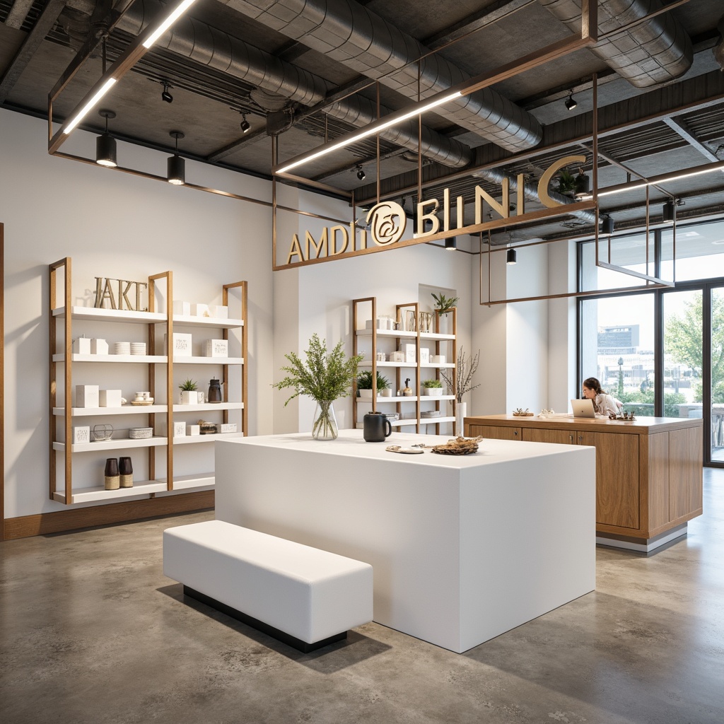 Prompt: Clean white shelving units, minimal metal frames, wooden accents, simple signage, industrial lighting, polished concrete floors, neutral color palette, modern typography, subtle branding, elegant product displays, plenty of negative space, airy atmosphere, soft natural light, 1/1 composition, shallow depth of field, realistic textures, ambient occlusion.