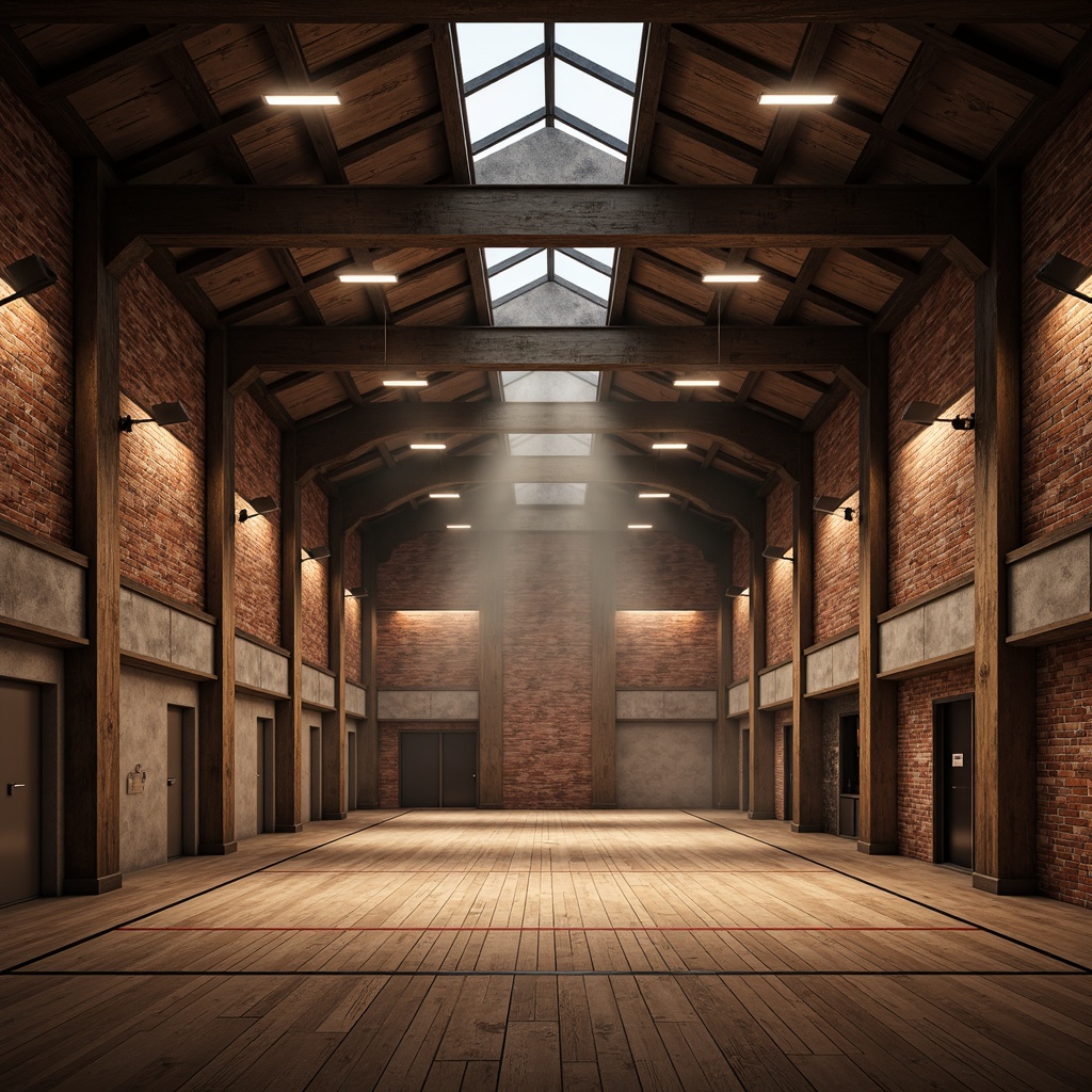 Prompt: Rustic gymnasium interior, wooden flooring, exposed brick walls, metal beams, industrial-style lighting fixtures, warm ambient glow, softbox lights, suspended LED strips, natural stone accents, earthy color palette, cozy atmosphere, dramatic shadows, 1/1 composition, realistic textures, subtle vignettes, atmospheric fog effect.