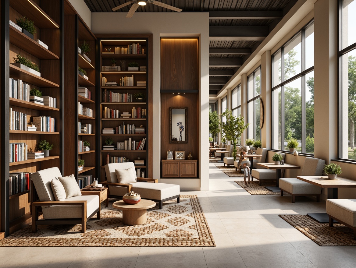 Prompt: Minimalist bookshelves, polished metal frames, reclaimed wood accents, industrial-style lighting, cozy reading nooks, plush armchairs, geometric-patterned rugs, warm beige tones, modern minimalist decor, sleek glass tables, ergonomic stools, natural stone flooring, floor-to-ceiling windows, abundant natural light, soft warm ambiance, shallow depth of field, 1/1 composition, realistic textures, ambient occlusion.