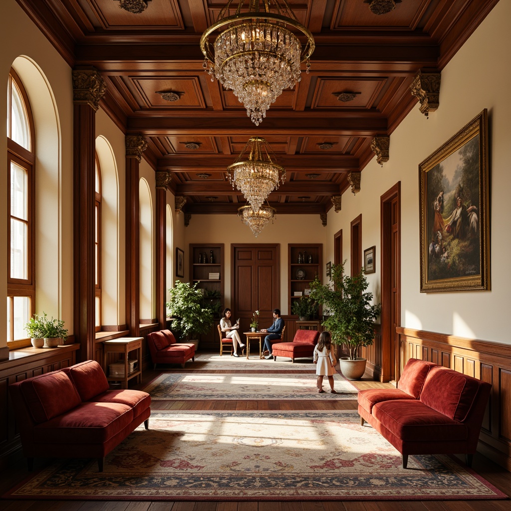 Prompt: Elegant student halls, rich wood tones, ornate furnishings, velvet upholstery, carved wooden accents, gilded frames, soft cream walls, plush area rugs, stately columns, crystal chandeliers, refined proportions, balanced composition, warm golden lighting, subtle shadows, 1/1 aspect ratio, symmetrical arrangement, harmonious color palette, sophisticated textures, ambient occlusion.