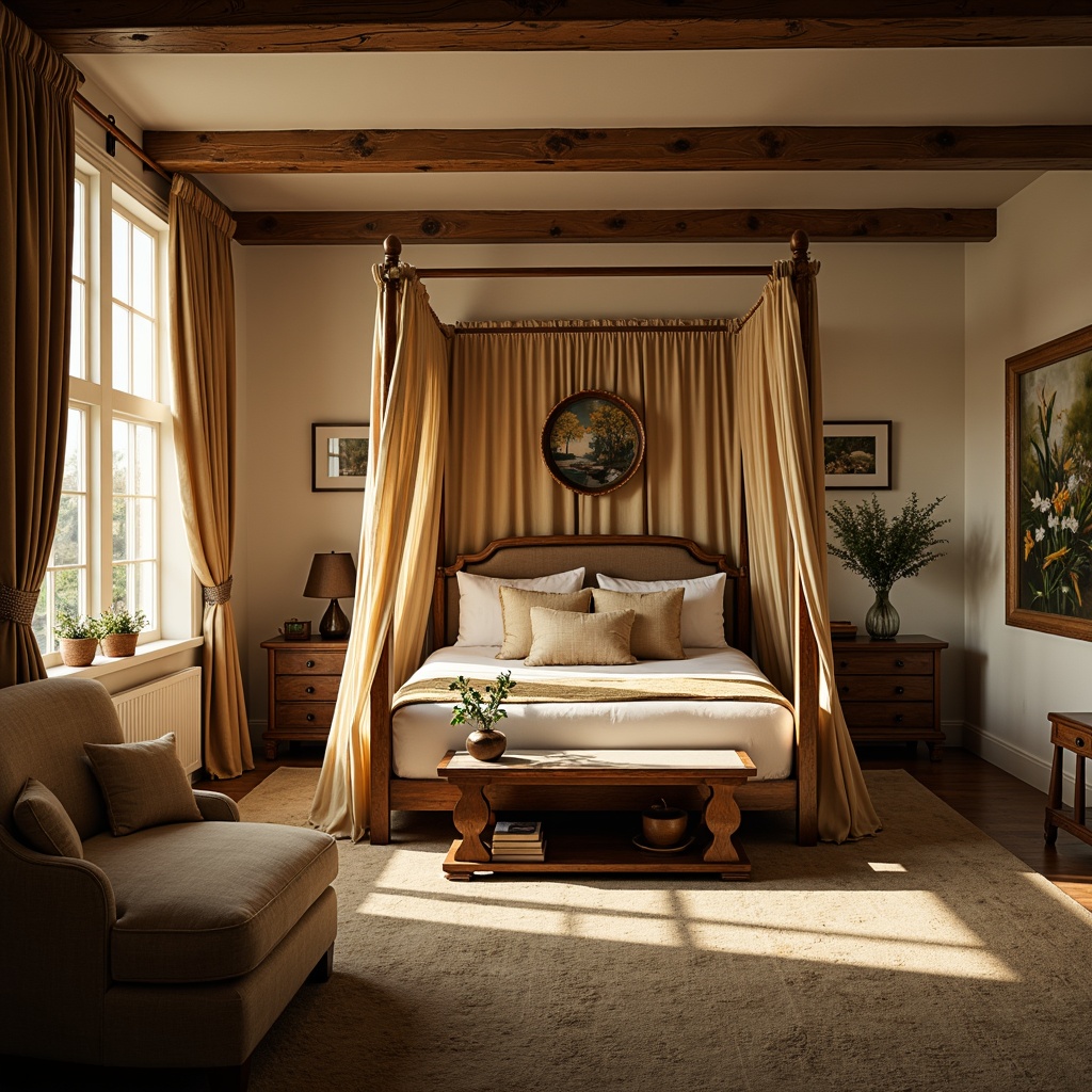 Prompt: Cozy bedroom, soft plush carpet, elegant four-poster bed, luxurious velvet drapes, warm golden lighting, ornate wooden furniture, vintage decorative accents, tranquil natural scenery, serene botanical prints, creamy white walls, rich wood tones, romantic ambiance, intimate setting, subtle textures, shallow depth of field, 1/1 composition, realistic renderings, ambient occlusion.