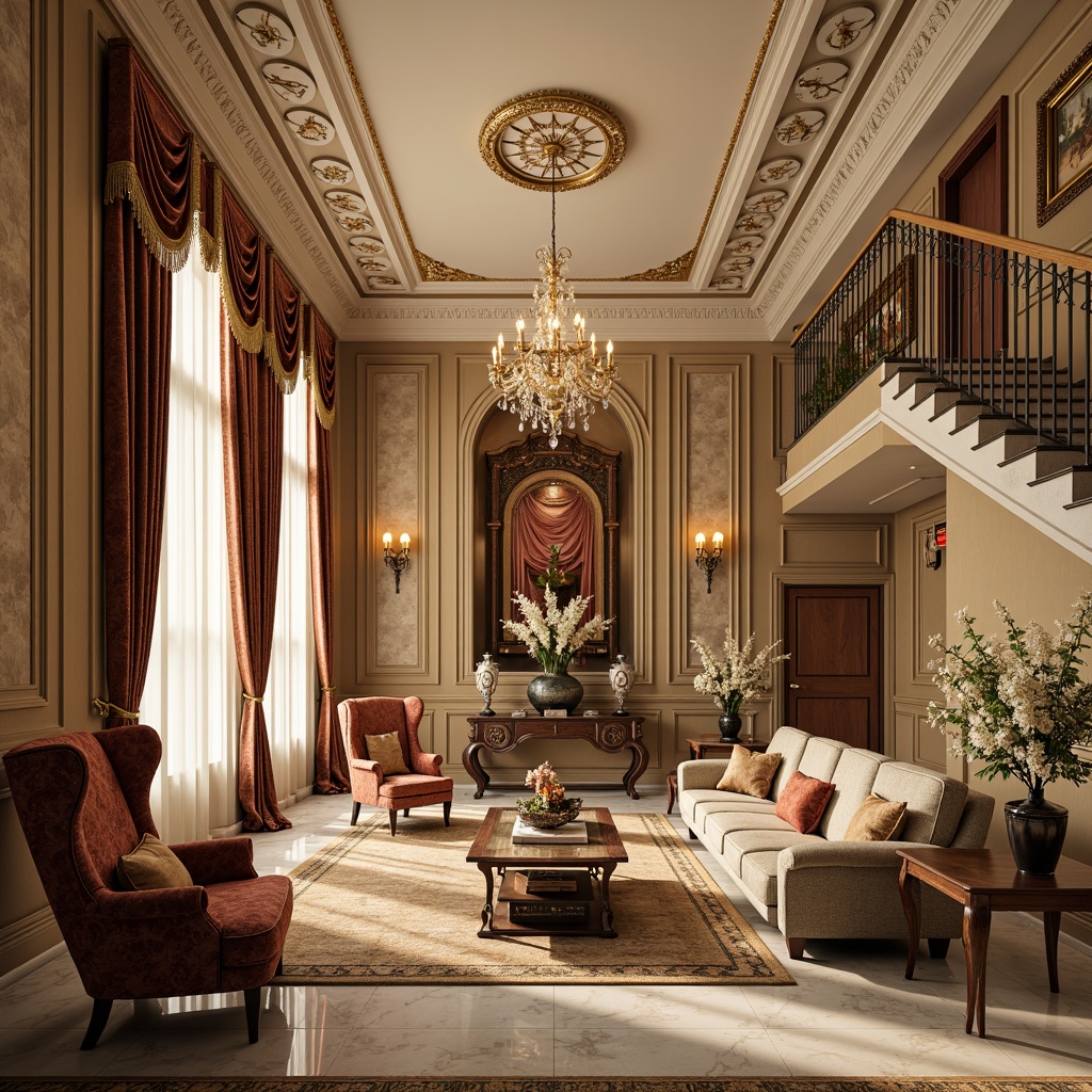 Prompt: Luxurious living room, ornate moldings, intricately carved wooden panels, rich velvet fabrics, golden accents, crystal chandeliers, grandiose staircases, marble flooring, opulent furnishings, lavish drapery, warm beige walls, soft creamy lighting, shallow depth of field, 1/1 composition, realistic textures, ambient occlusion.