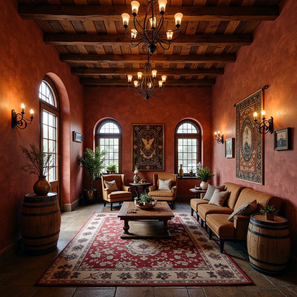 Prompt: Rich winery interior, eclectic style, warm earthy tones, terracotta red walls, rustic wooden accents, vintage metal decor, distressed leather furniture, soft golden lighting, ornate tapestries, bold patterned rugs, wine barrel tables, natural stone floors, arched doorways, cozy nooks, intimate ambiance, soft warm glow, shallow depth of field, 1/1 composition, realistic textures, ambient occlusion.