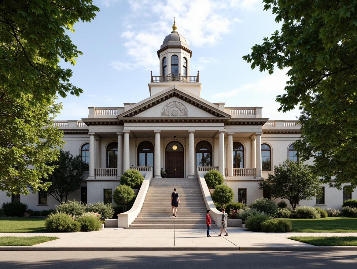 Prompt: Historic courthouse building, neoclassical architecture, grand entrance stairs, ornate stone columns, intricate metal railings, stately clock tower, symmetrical facade, classical pediments, decorative cornices, large windows, arched doorways, formal courtyard, manicured lawns, mature shade trees, sunny afternoon, soft natural lighting, high contrast ratio, shallow depth of field, 2/3 composition, realistic textures, ambient occlusion.