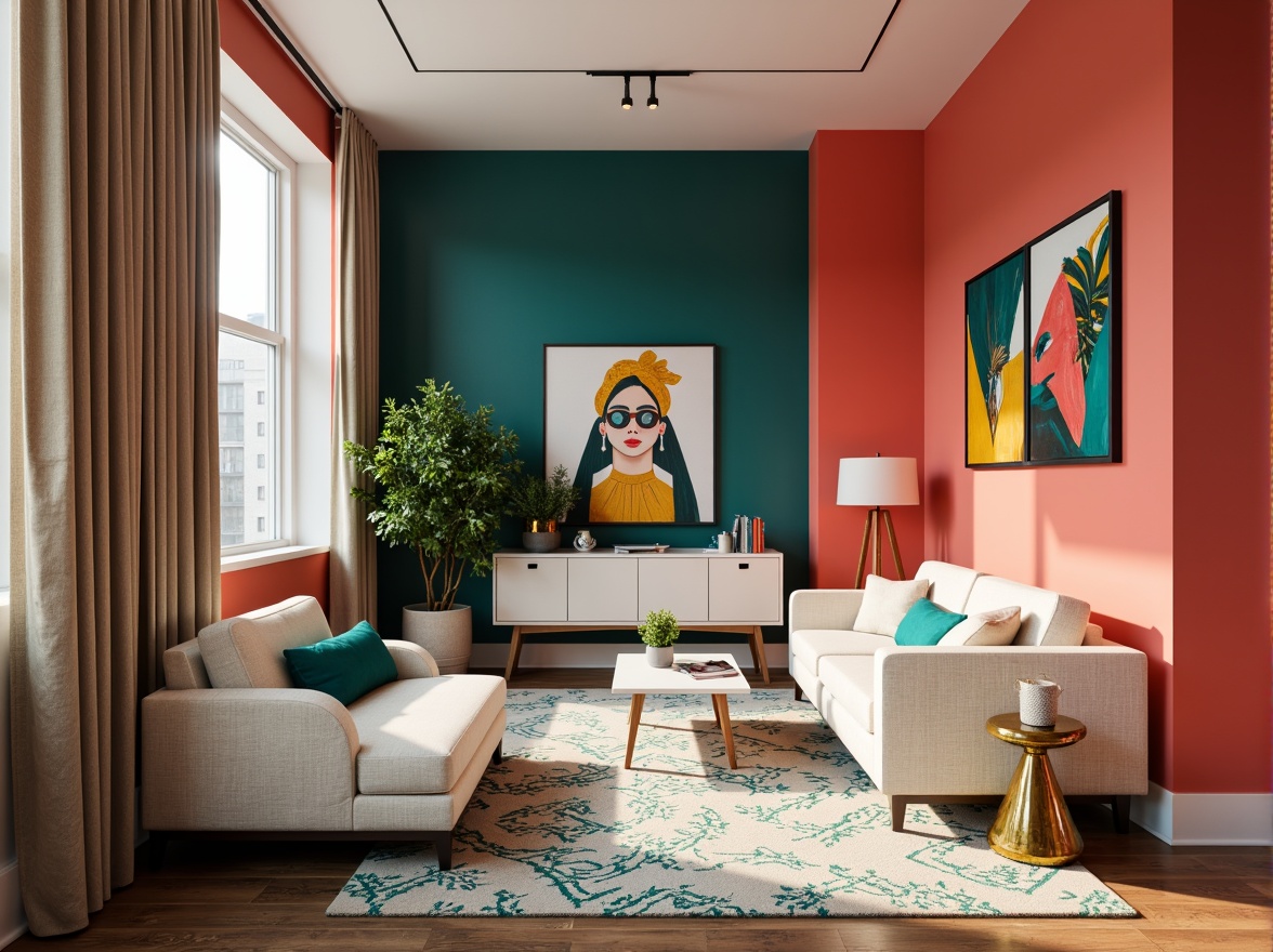 Prompt: Vibrant design studio, modern interior space, bold color scheme, bright coral walls, deep teal accents, creamy white furniture, rich wood textures, geometric patterns, metallic gold details, ambient warm lighting, shallow depth of field, 1/2 composition, realistic renderings, soft focus effects.