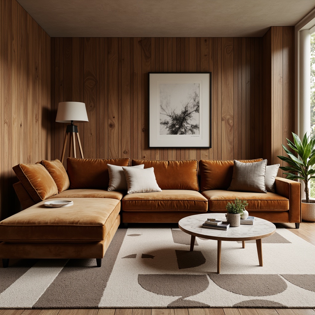 Prompt: Mid-century modern living room, plush velvet sofas, wooden accent walls, marble coffee tables, geometric patterned rugs, minimalist decor, soft warm lighting, 3/4 composition, natural textures, ambient occlusion.