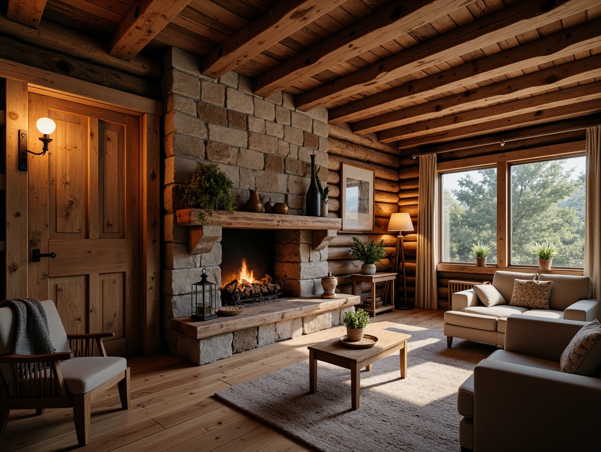 Prompt: Rustic wooden cabin, reclaimed wood siding, earthy brown tones, natural stone foundation, wooden doorways, ornate metal hinges, distressed wood floors, wooden beam ceilings, cozy fireplaces, vintage furniture, warm candlelight, shallow depth of field, 1/2 composition, soft focus, natural textures, ambient occlusion.