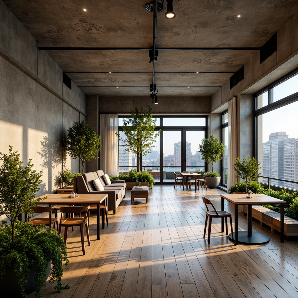 Prompt: Exposed concrete walls, industrial metal beams, polished wooden floors, minimalist decor, abundant natural light, large windows, sliding glass doors, urban city views, vibrant greenery, potted plants, reclaimed wood accents, steel chairs, communal tables, modern pendant lamps, brutalist architecture, open layout, flexible seating areas, cozy nooks, warm color palette, soft atmospheric lighting, 3/4 composition, realistic textures, ambient occlusion.