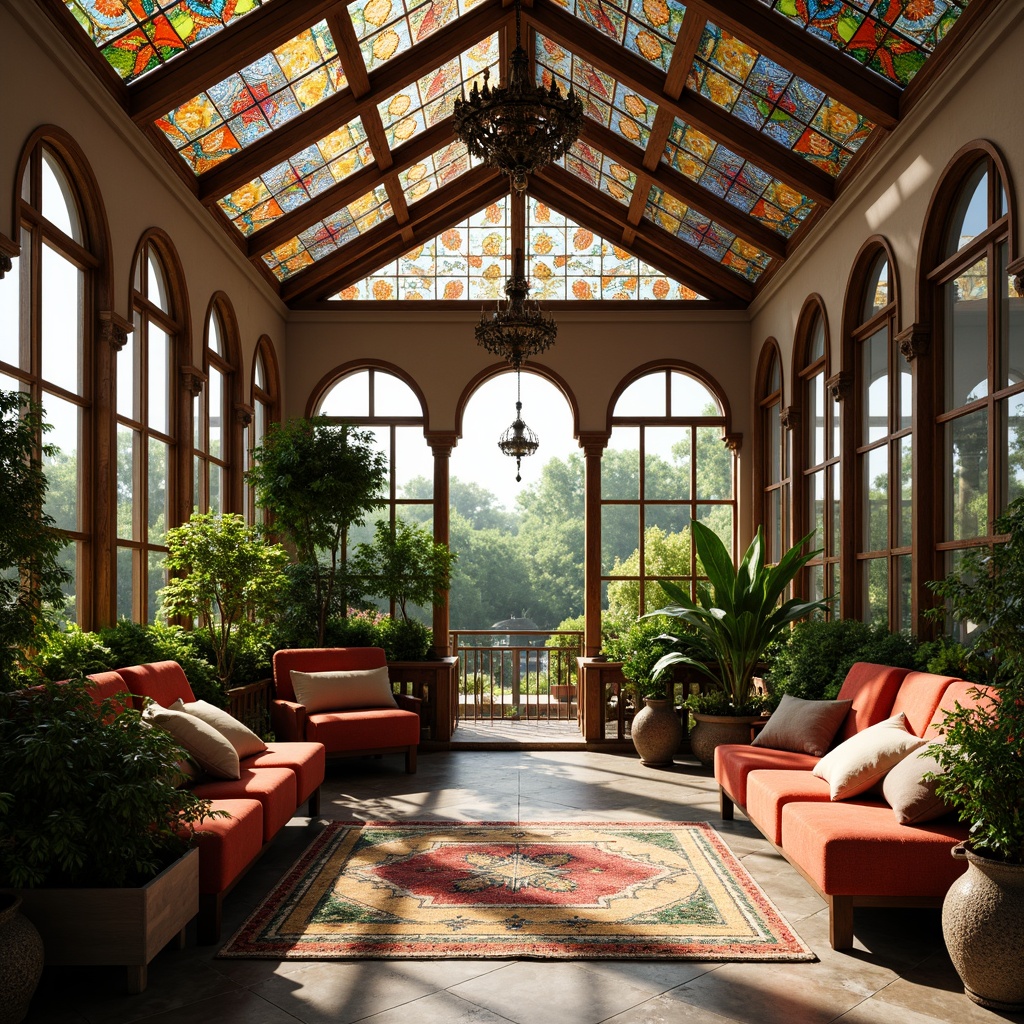 Prompt: Vibrant sunroom, ornate wooden beams, stained glass ceiling, lush greenery, exotic plants, colorful ceramic tiles, Moroccan-inspired mosaics, intricate ironwork, elegant chandeliers, plush throw pillows, natural stone flooring, warm ambient lighting, soft diffused sunlight, 1/1 composition, symmetrical balance, artistic expressionism, whimsical decor, eclectic furnishings.