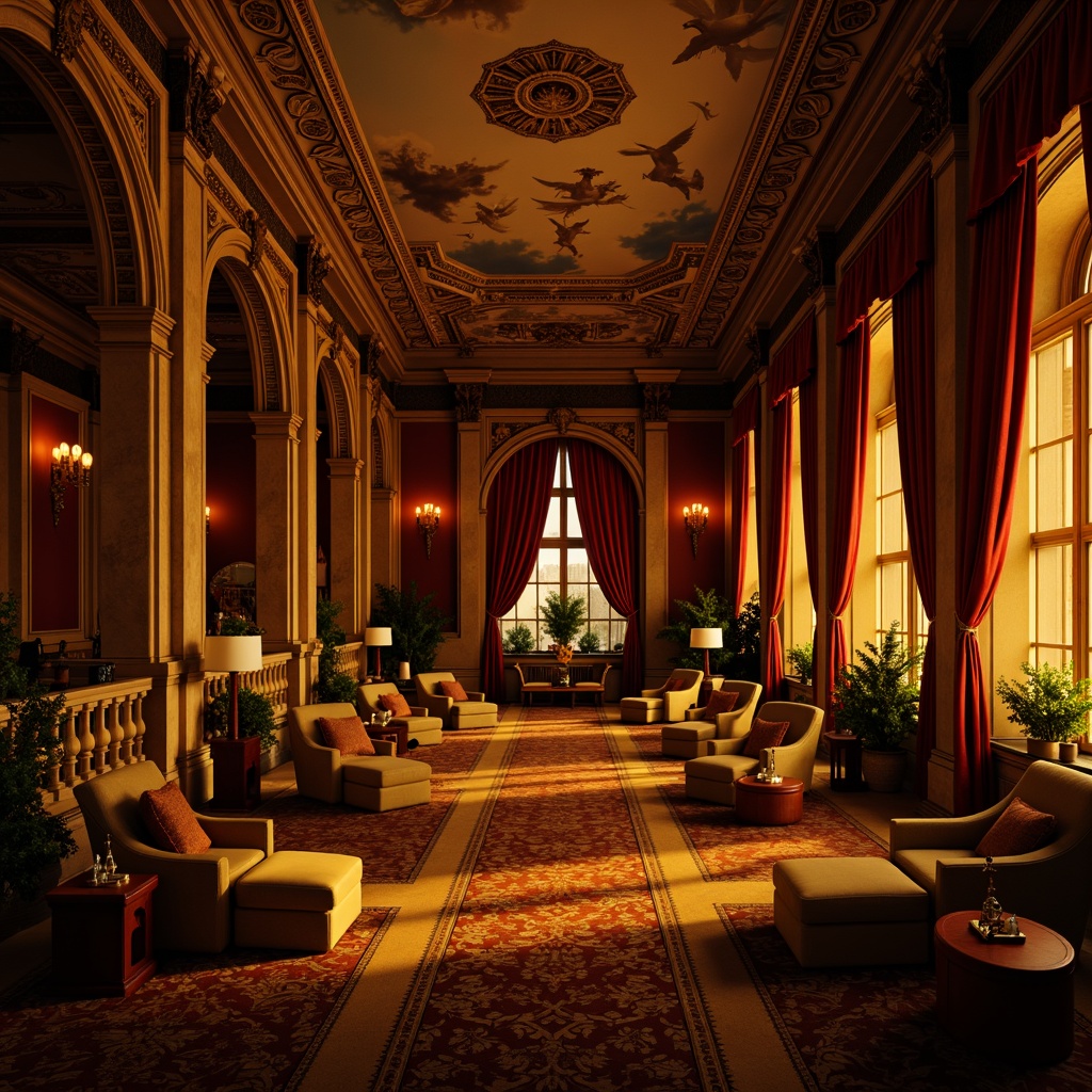 Prompt: Warm golden hues, rich velvet textures, ornate Baroque patterns, lavish drapery, intricate fresco ceilings, soft candlelight, warm wooden paneling, ornamental gilding, luxurious silk fabrics, majestic stone columns, grandiose archways, subtle sfumato effects, warm chiaroscuro lighting, 1/2 composition, intimate portrait focus, realistic skin tones, subtle atmospheric perspective.Please let me know if this meets your requirements!