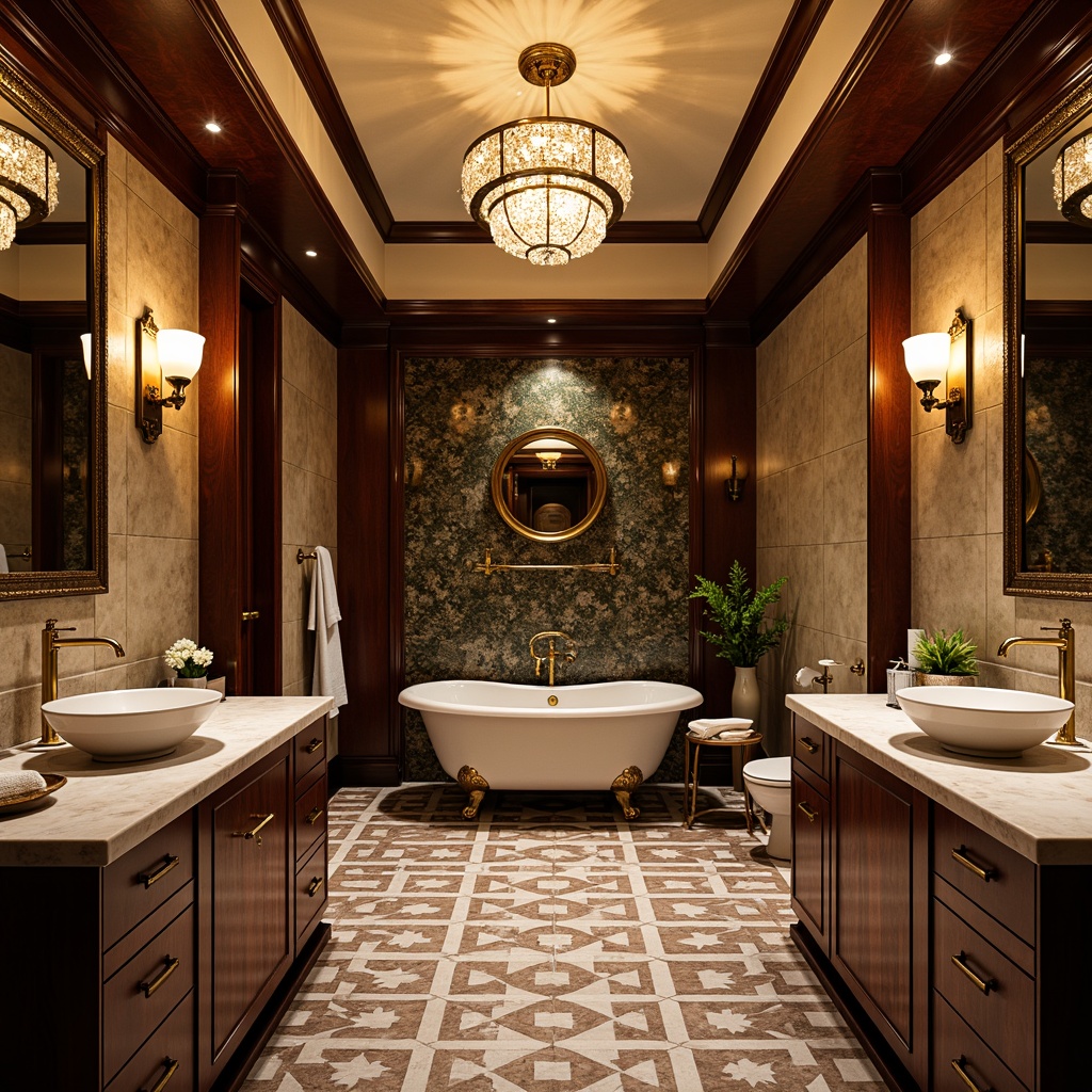 Prompt: Luxurious Art Deco bathroom, marble countertops, ornate metal fixtures, geometric patterned floor tiles, freestanding tubs, vintage-inspired faucets, crystal chandeliers, rich wood cabinetry, bold color schemes, metallic accents, ornamental mirrors, sculptural sink basins, curved lines, glamorous ambiance, soft warm lighting, high-contrast composition, cinematic mood.