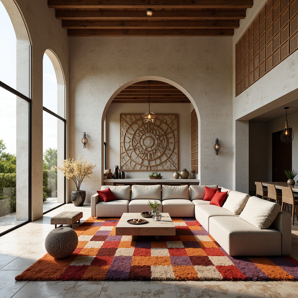 Prompt: Luxurious living room, bold geometric patterns, vibrant colored rugs, sleek low-profile furniture, angular metallic accents, minimalist decor, natural stone flooring, modern chandeliers, floor-to-ceiling windows, abundant natural light, warm neutral color palette, textured throw pillows, intricate tile work, Moorish-inspired arches, 3D geometric wall art, subtle ambient lighting, shallow depth of field, 1/1 composition, realistic render.