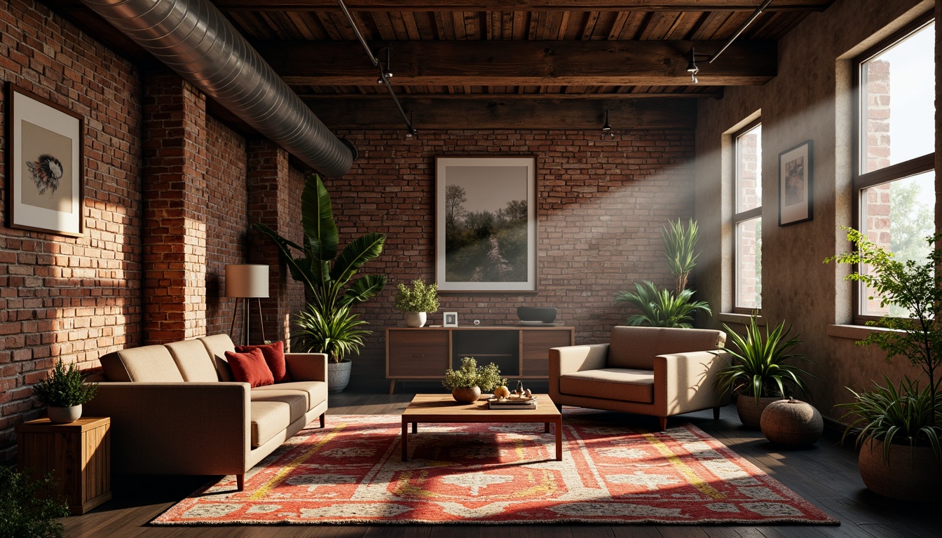 Prompt: Exposed brick walls, rugged stone textures, distressed wood accents, industrial metal beams, eclectic art pieces, vibrant colorful rugs, asymmetrical furniture layouts, unconventional decorative objects, dim warm lighting, atmospheric shadows, cinematic composition, dramatic depth of field, 2/3 aspect ratio, realistic rendering, ambient occlusion.