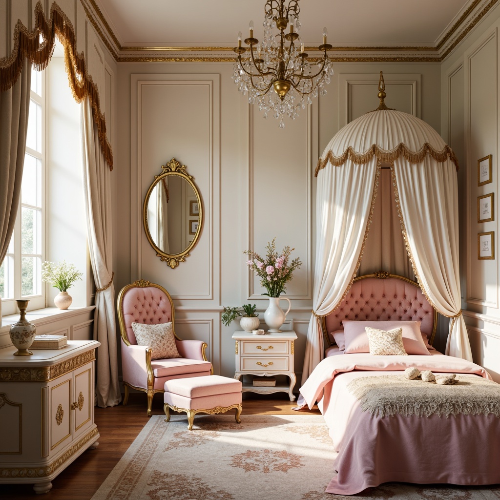 Prompt: Whimsical kid's bedroom, ornate gold filigree, delicate shell-shaped furniture, plush velvet fabrics, soft pastel hues, intricate carvings, crystal chandeliers, dainty porcelain vases, lace-trimmed canopies, tufted upholstery, curved lines, feminine silhouettes, romantic ambiance, warm golden lighting, shallow depth of field, 1/2 composition, intimate atmosphere, realistic textures, ambient occlusion.