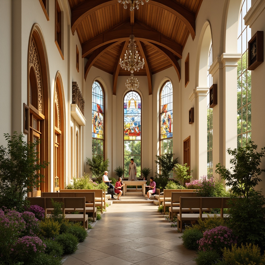 Prompt: Serene religious atmosphere, soft warm lighting, calming color palette, gentle cream walls, rich wooden accents, elegant stained glass windows, ornate stone carvings, peaceful natural surroundings, lush greenery, vibrant flowers, serene water features, subtle earthy tones, comforting beige pews, majestic high ceilings, grandiose chandeliers, solemn sacred symbols, warm golden lighting, 1/1 composition, shallow depth of field, realistic textures, ambient occlusion.